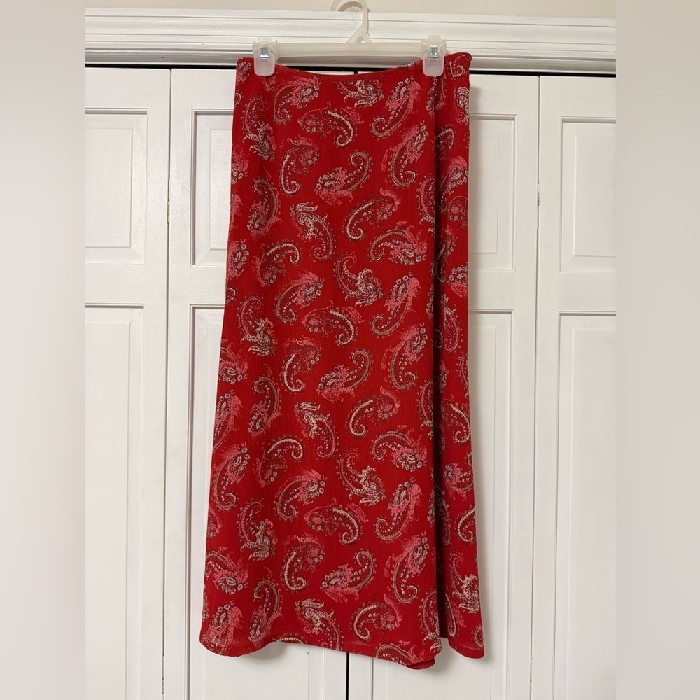 Y2K Red Orange Paisley Printed Maxi Skirt Country Prairie Western Cottagecore - Picture 2 of 6